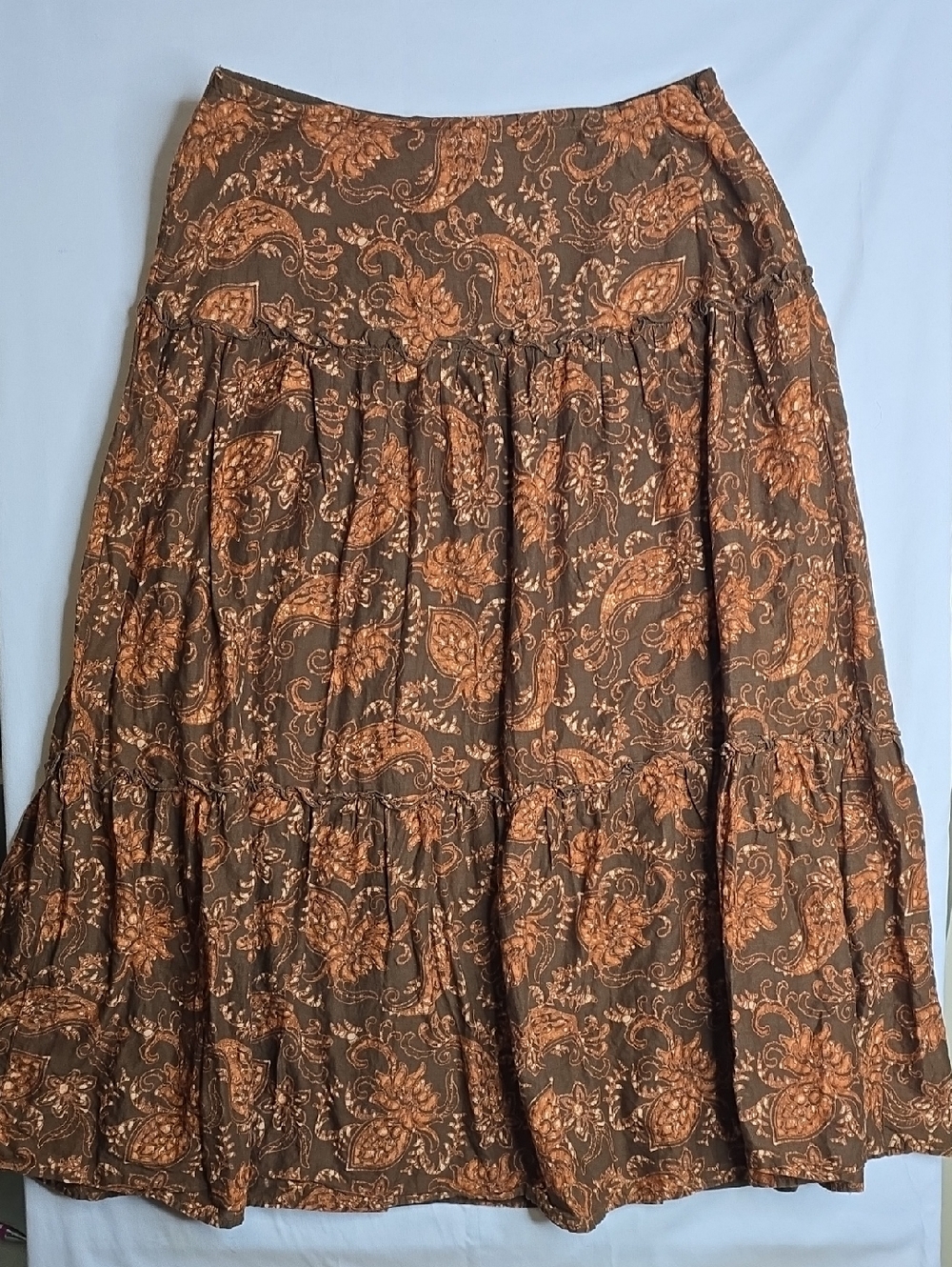 Liz Claiborne Villager Brown Orange Paisley Tiered Maxi Skirt Boho Peasant Indie